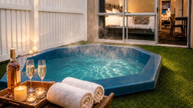A hot tub with a wooden table, candles, and towels. - Alpin Motel & Conference Centre (Rotorua)