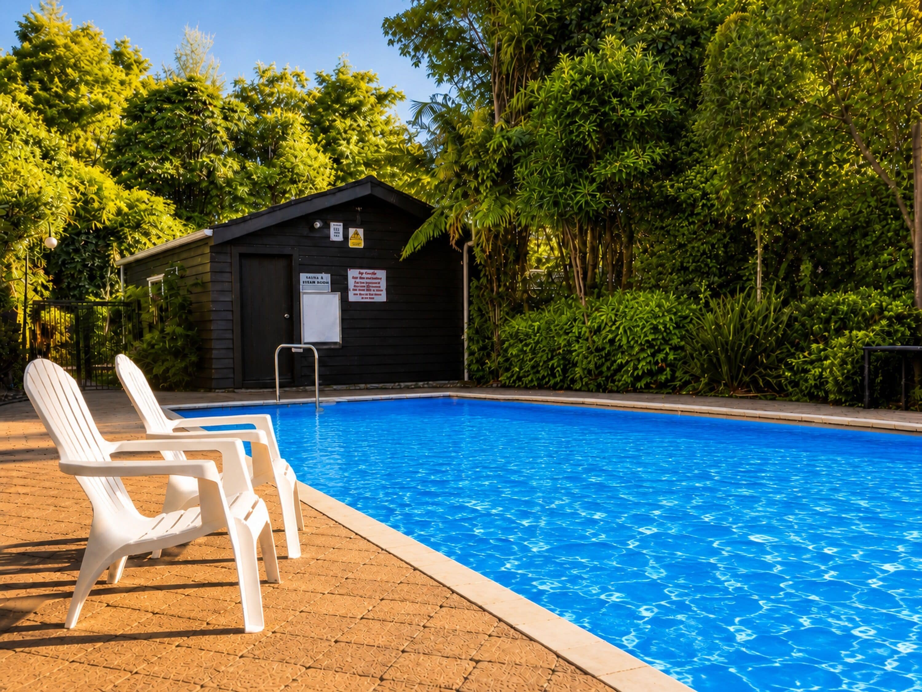 Ein Schwimmbecken mit Liegestühlen, ein kleines Holzgebäude und üppiges Grün.