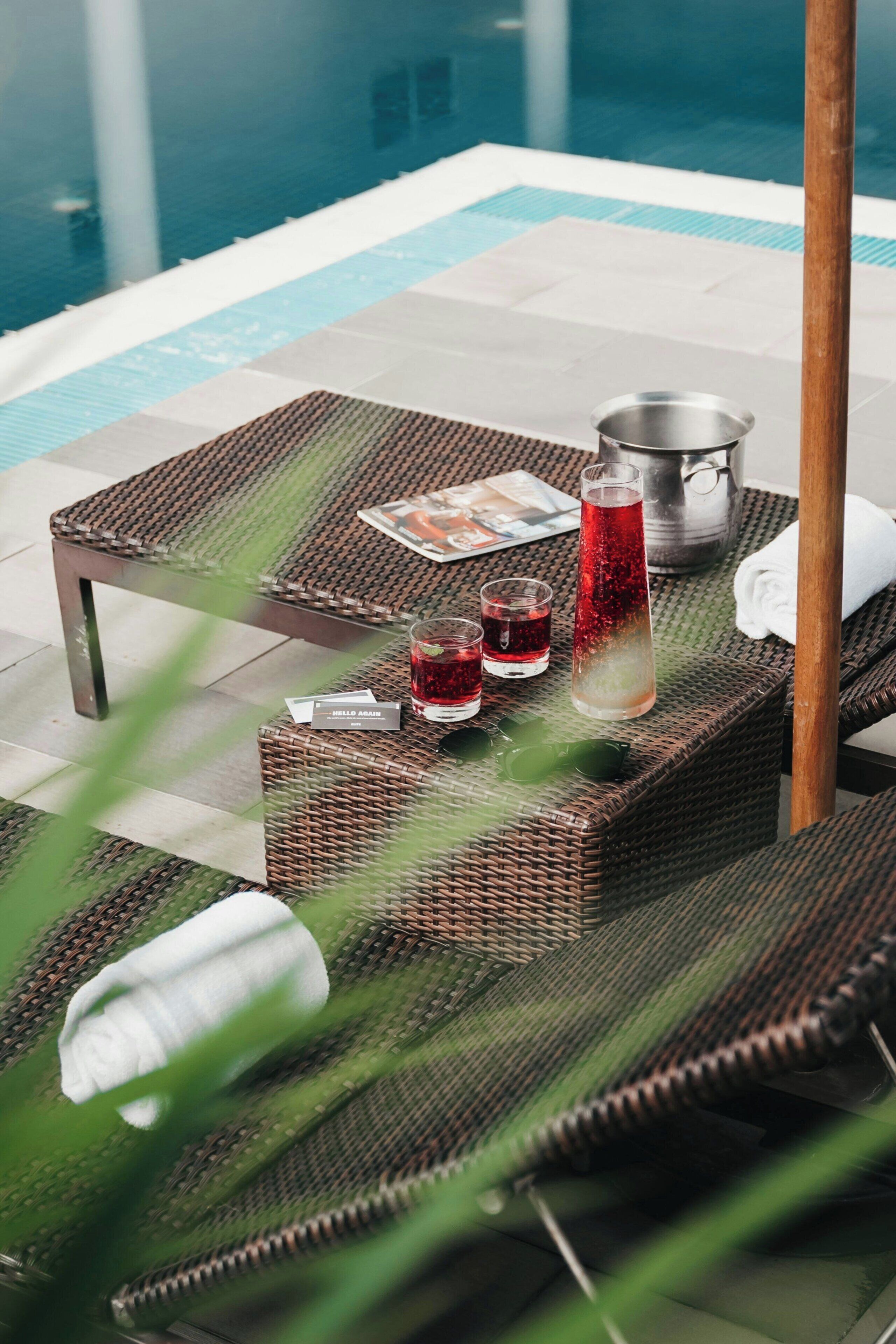 outdoor pool, pool umbrellas