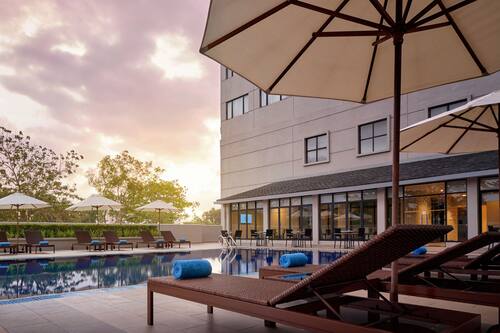Outdoor pool, pool umbrellas