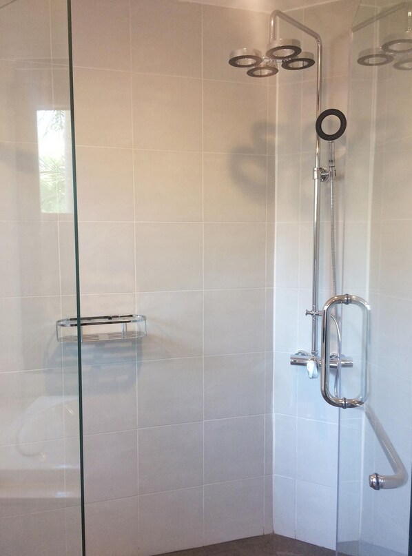 Ducha con mampara de vidrio, cabezal de ducha y panel de control cromados.