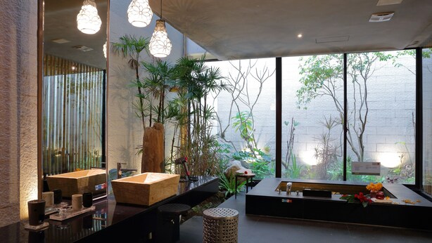 Een moderne badkamer met een grote spiegel, meerdere wasbakken en verschillende planten.