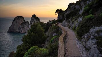 A coastal path with rocky terrain and vegetation, leading to a body of water.