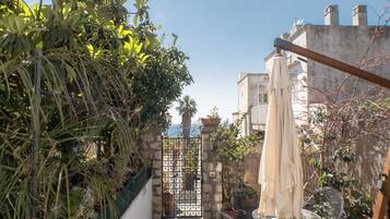 A courtyard with a gate, potted plants, outdoor furniture, and a clear sky.