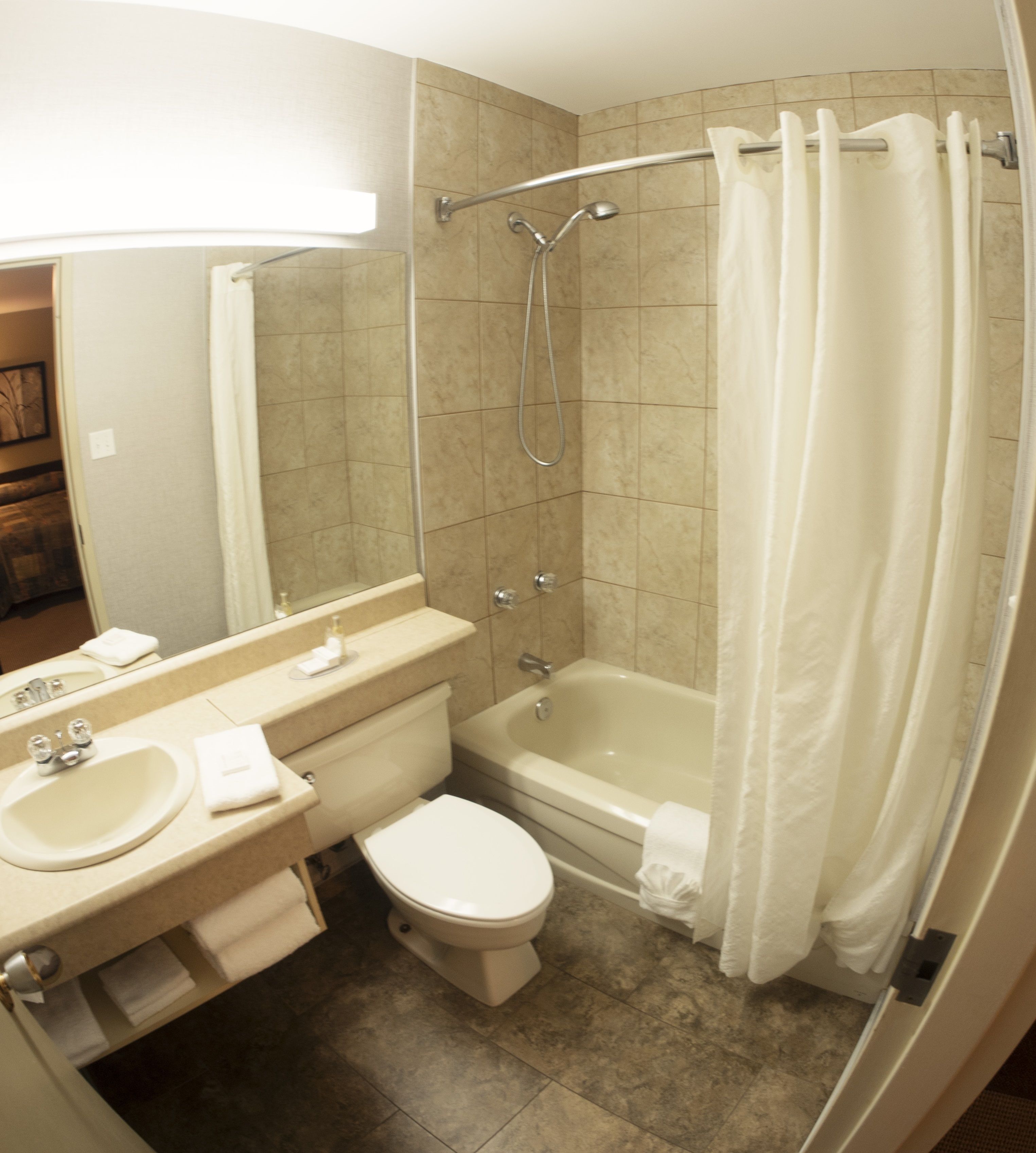 hair dryer, towels, shampoo