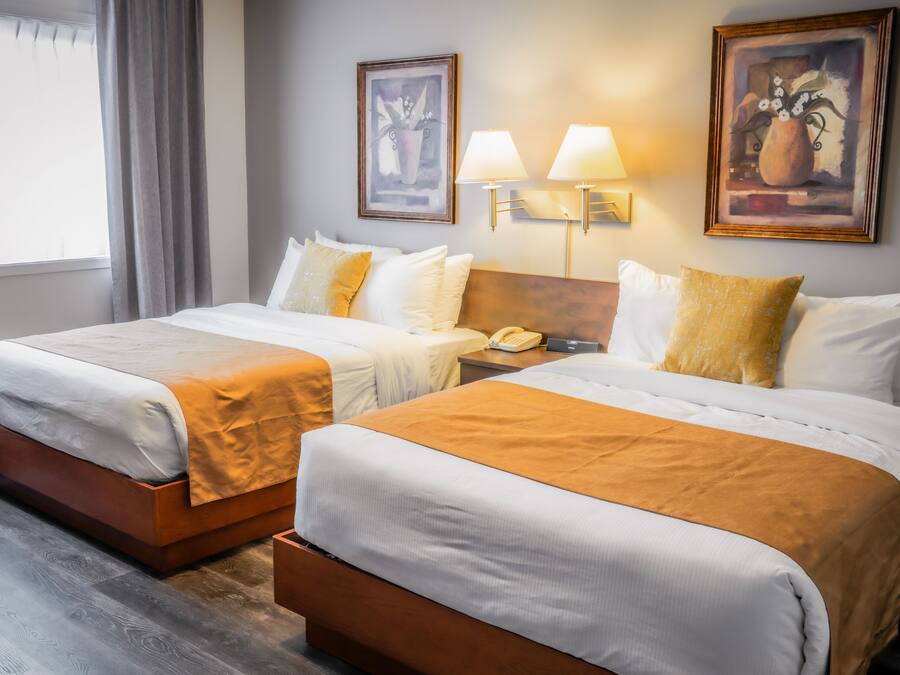 Une chambre d’hôtel avec deux lits, une table de chevet avec une lampe, un téléphone et des œuvres d’art encadrées au mur.