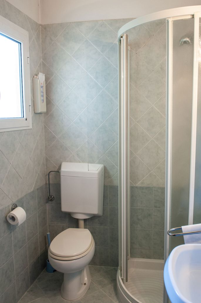 A bathroom with a toilet, a shower enclosure, and a window.