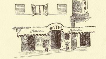 A sketch of a hotel named "Melocco Hotel" with a sign above the entrance, a window with shutters, and a small balcony.