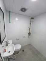 Une petite salle de bain avec des toilettes, un lavabo et une douche.