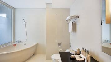 A modern bathroom with a freestanding bathtub, a toilet, and a vanity with a mirror.