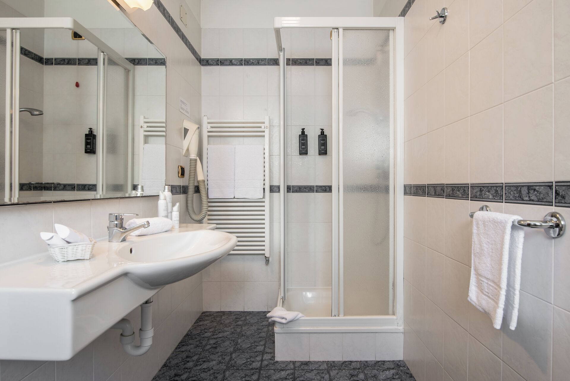 panoramic double or twin room | bathroom | shower, hair dryer, bidet, towels