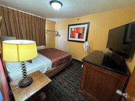 Habitación de hotel con una cama, un escritorio con lámpara, televisor, un cuadro en la pared y una puerta.