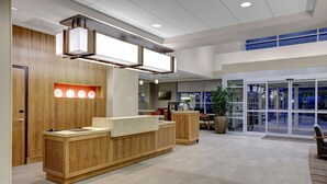 A modern reception area with a wooden reception desk, a large window, and a potted plant.