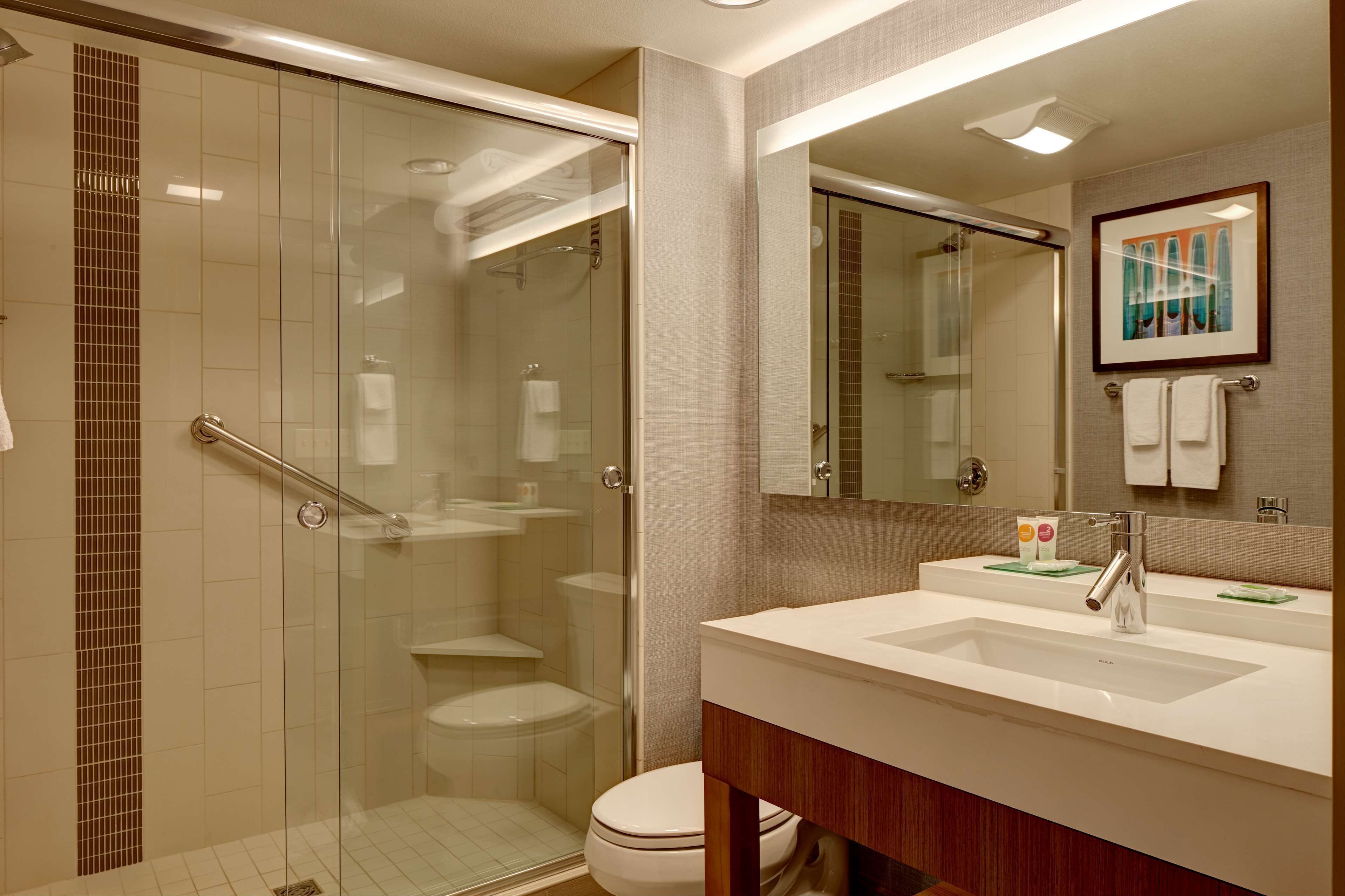 combined shower/bathtub, designer toiletries, hair dryer, slippers