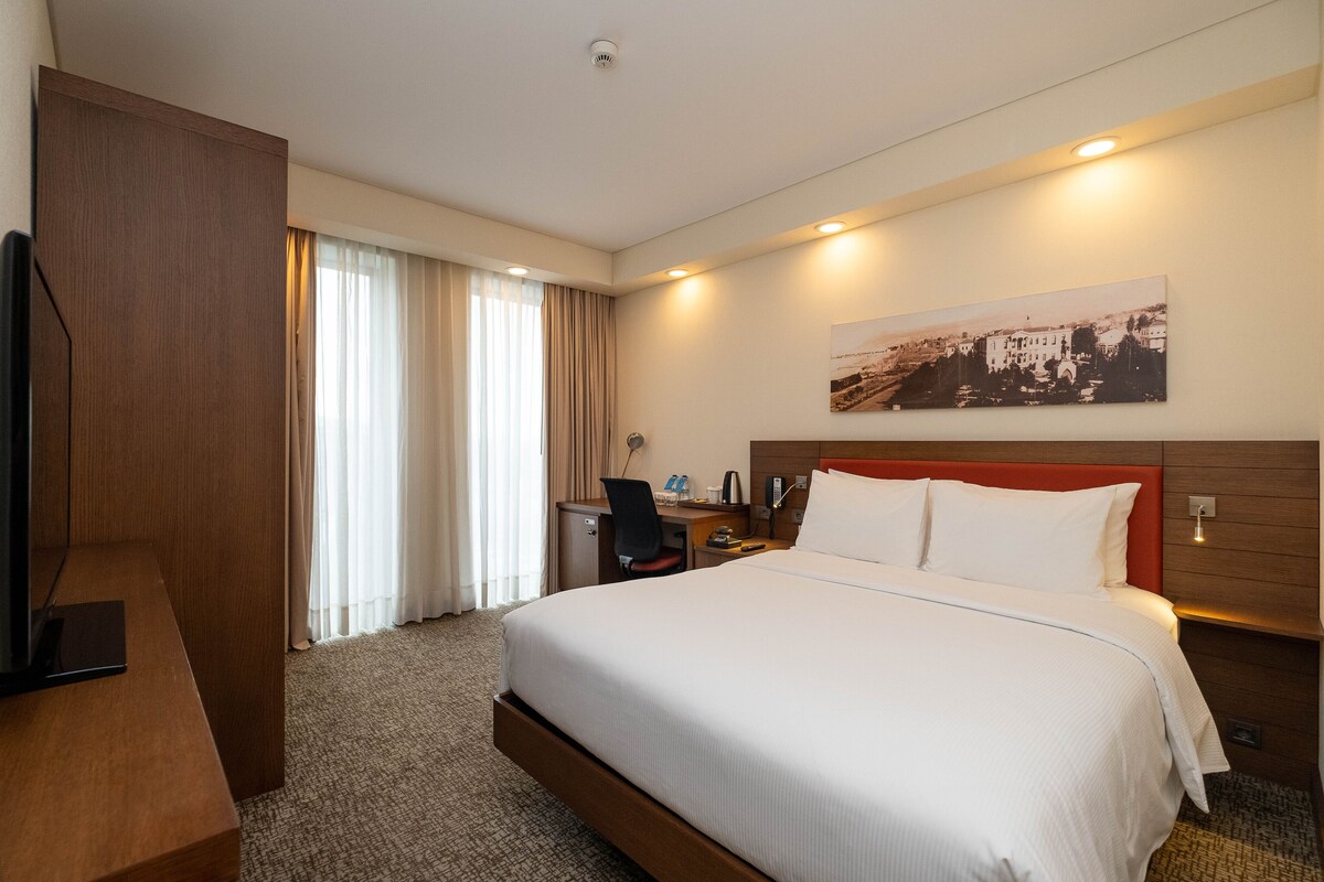 Habitación de hotel con una cama grande, un escritorio con silla, un televisor y un cuadro en la pared.
