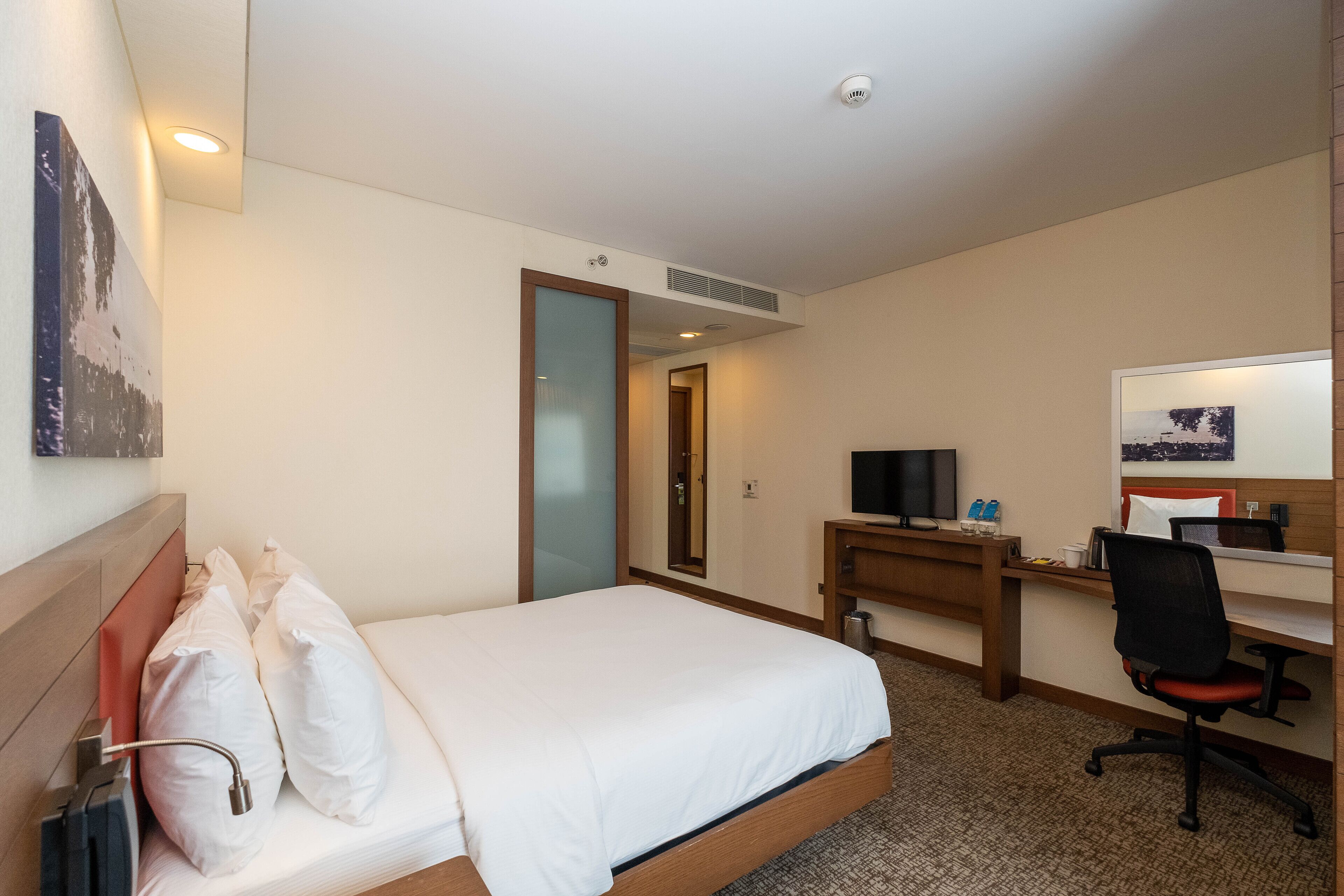 A hotel room with a bed, a desk, a chair, a television, and a bathroom door.