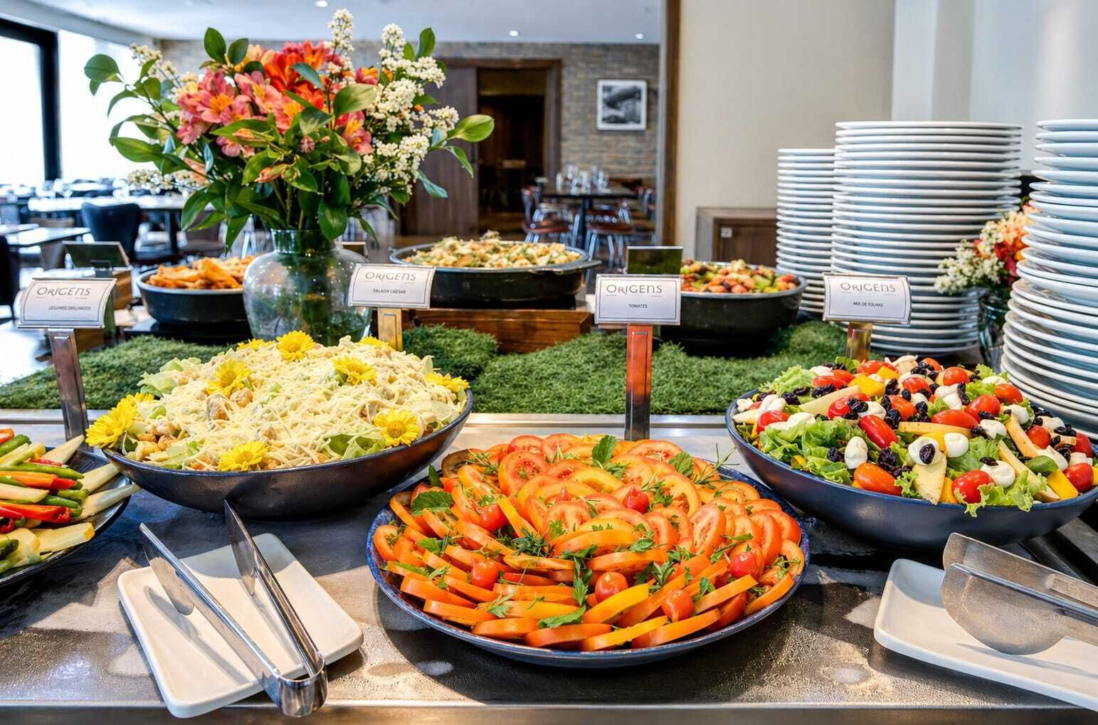 A buffet with various food options labeled 'ORIGENS,' including salads, vegetables, and a large platter of sliced tomatoes and carrots.