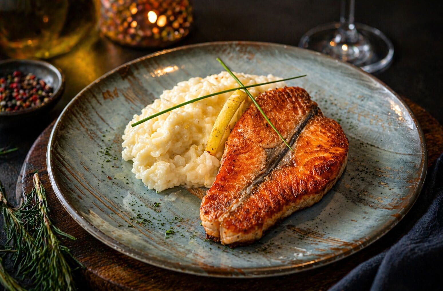 Une assiette contenant un poisson grillé, de la purée de pommes de terre et une garniture.