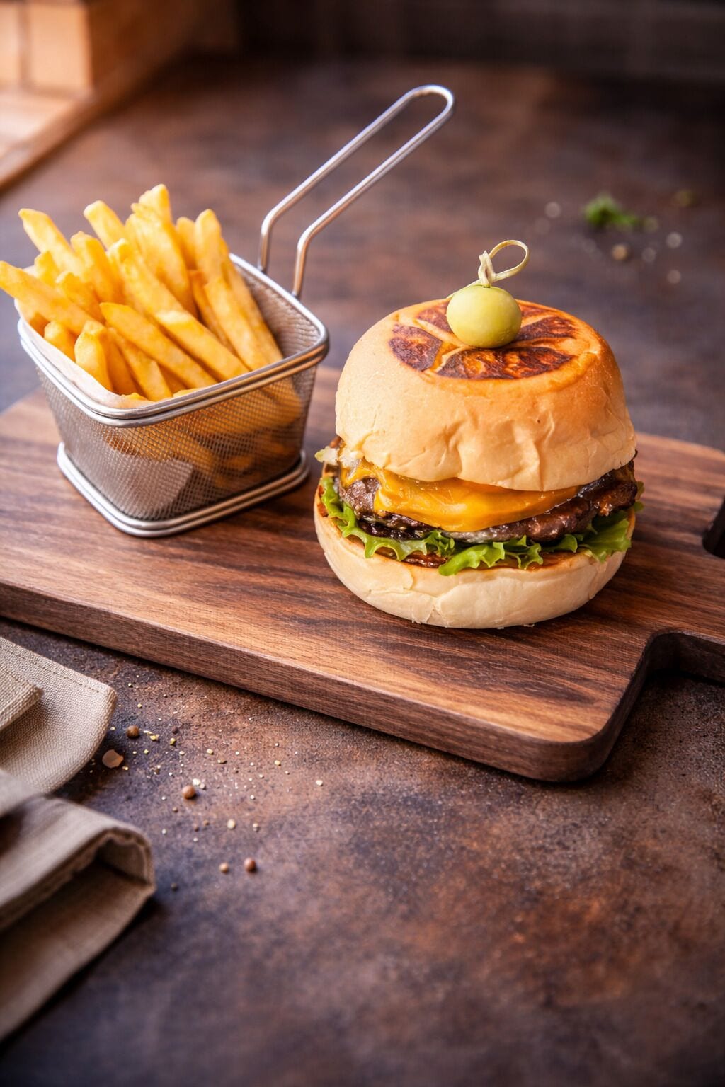 Una hamburguesa con papas fritas sobre una tabla de madera.