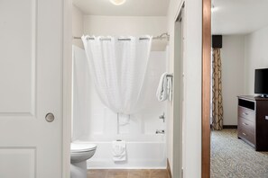 A bathroom with a shower, toilet, and a vanity with a television.