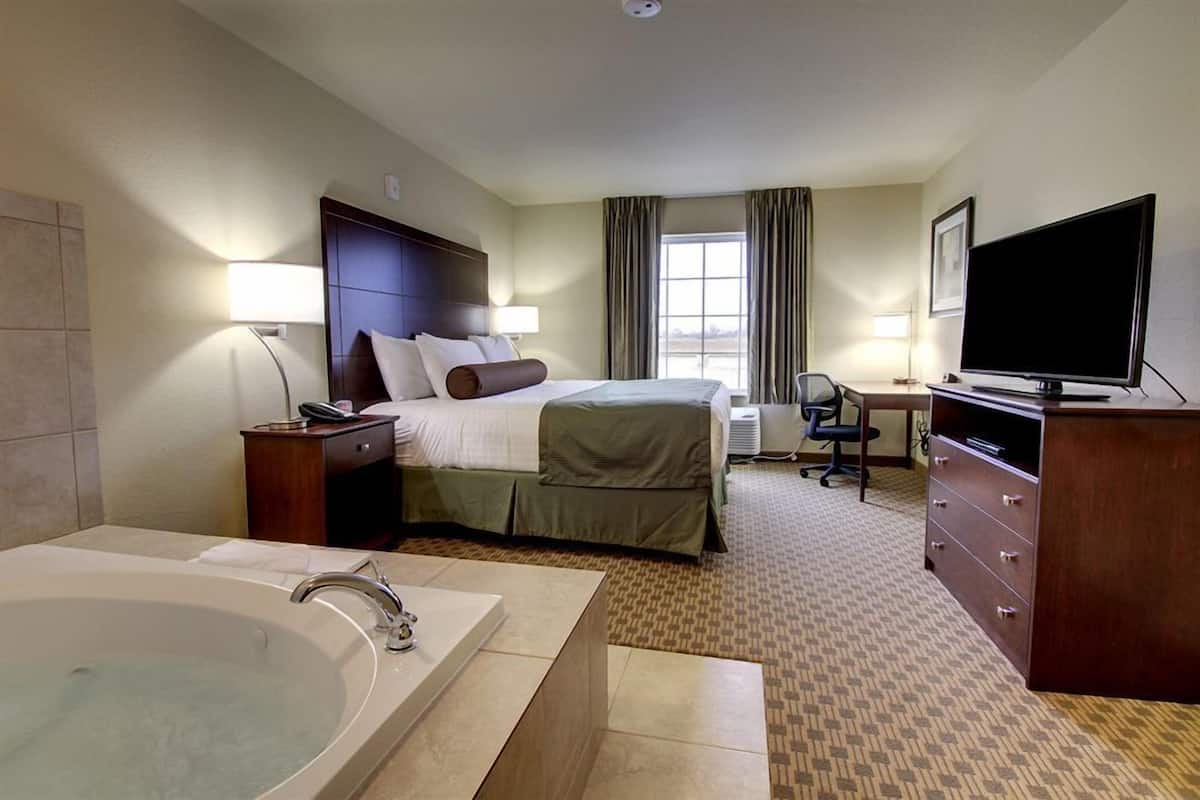 Habitación de hotel con una cama grande, un escritorio, un televisor, una lámpara de escritorio, una silla y una bañera.