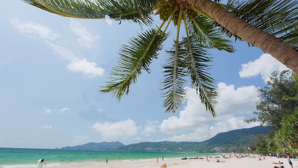 A beach with palm trees, people sunbathing, and boats in the water. - Time Out Hotel Beach Front (Patong)
