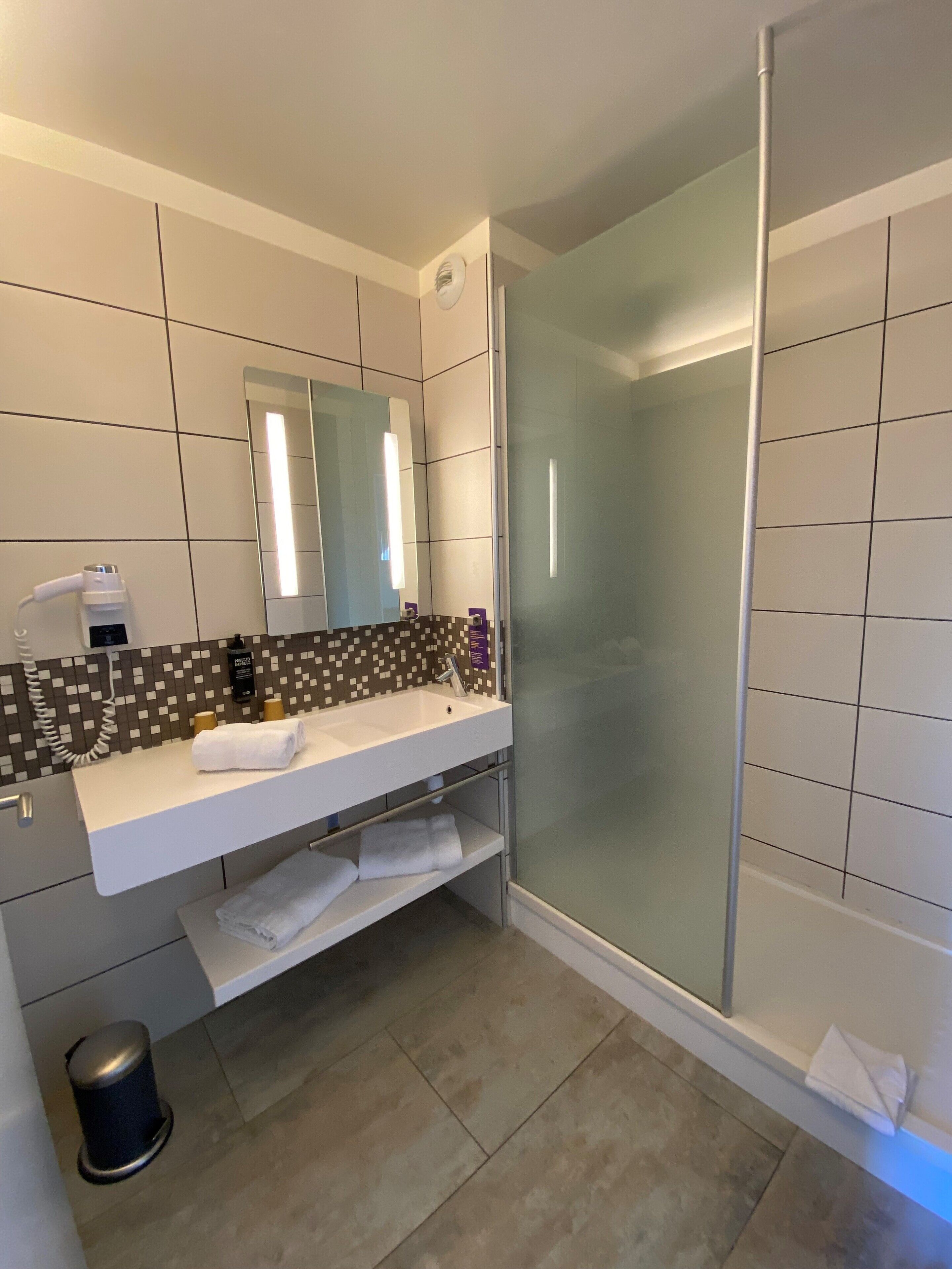 Familie suite, 1 tweepersoonsbed met slaapbank (Standard) | Badkamer | Een douche,  milieuvriendelijk toiletgerief, een haardroger, handdoeken