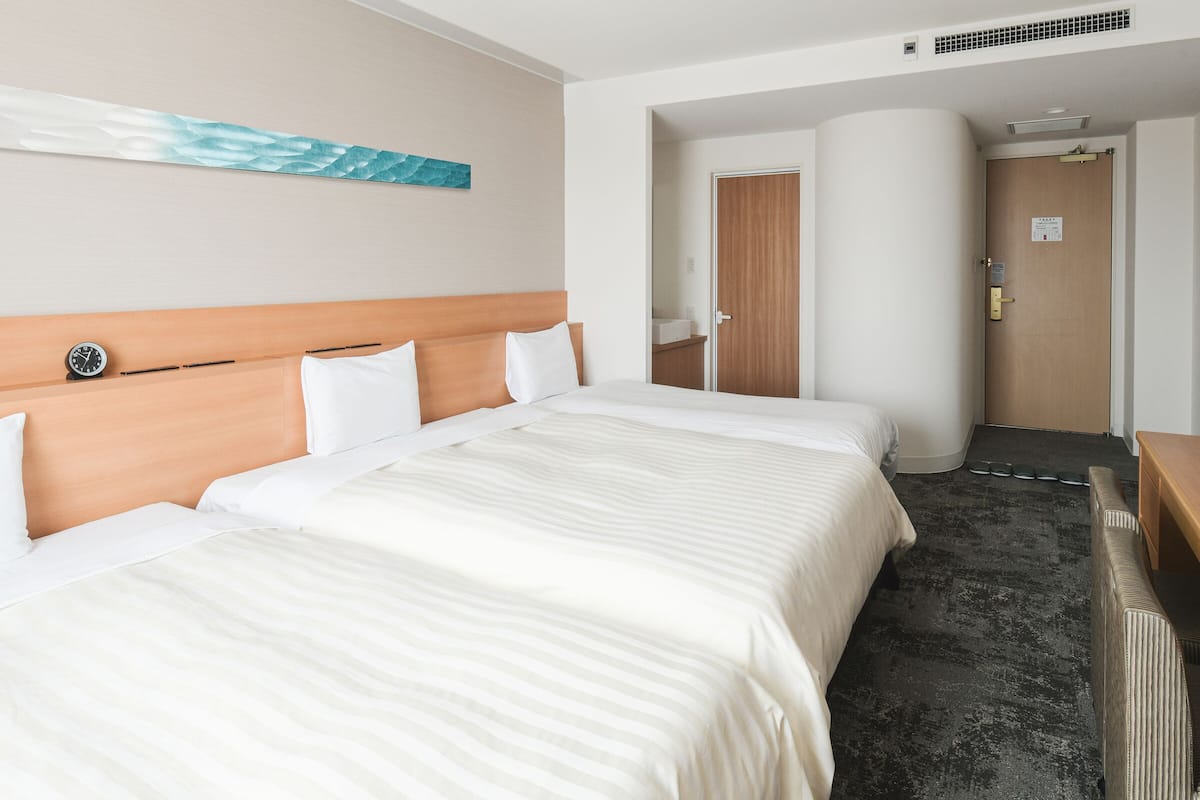 down duvets, desk, laptop workspace, blackout curtains