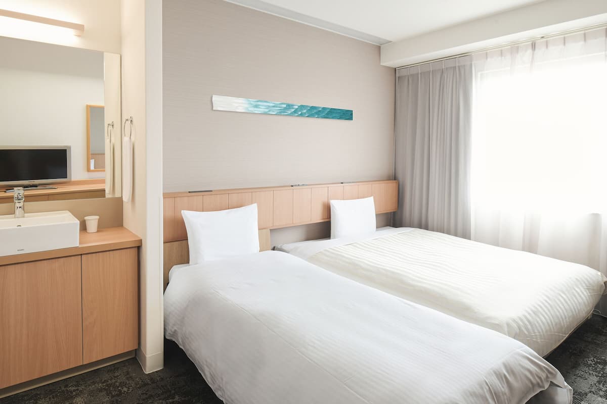 down duvets, desk, laptop workspace, blackout curtains