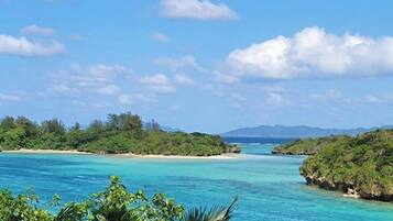 A tropical beach with clear turquoise waters, lush greenery, and distant mountains.