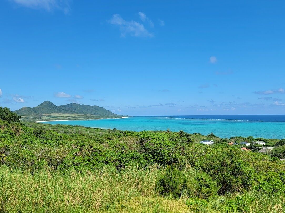 A coastal landscape with a clear view of the ocean, a mountain in the distance, and dense greenery in the foreground.