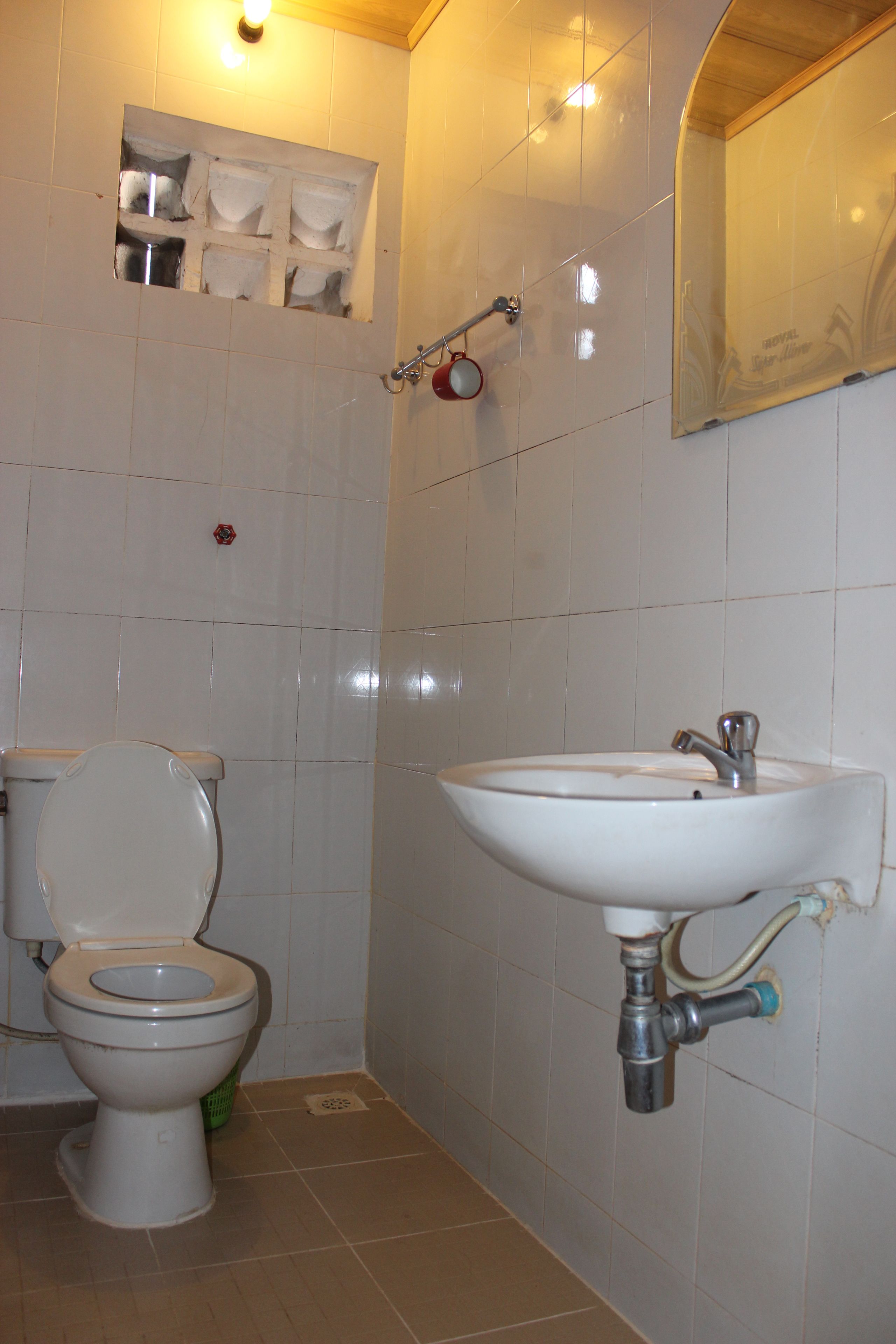 A bathroom with a toilet, sink, and a mirror.