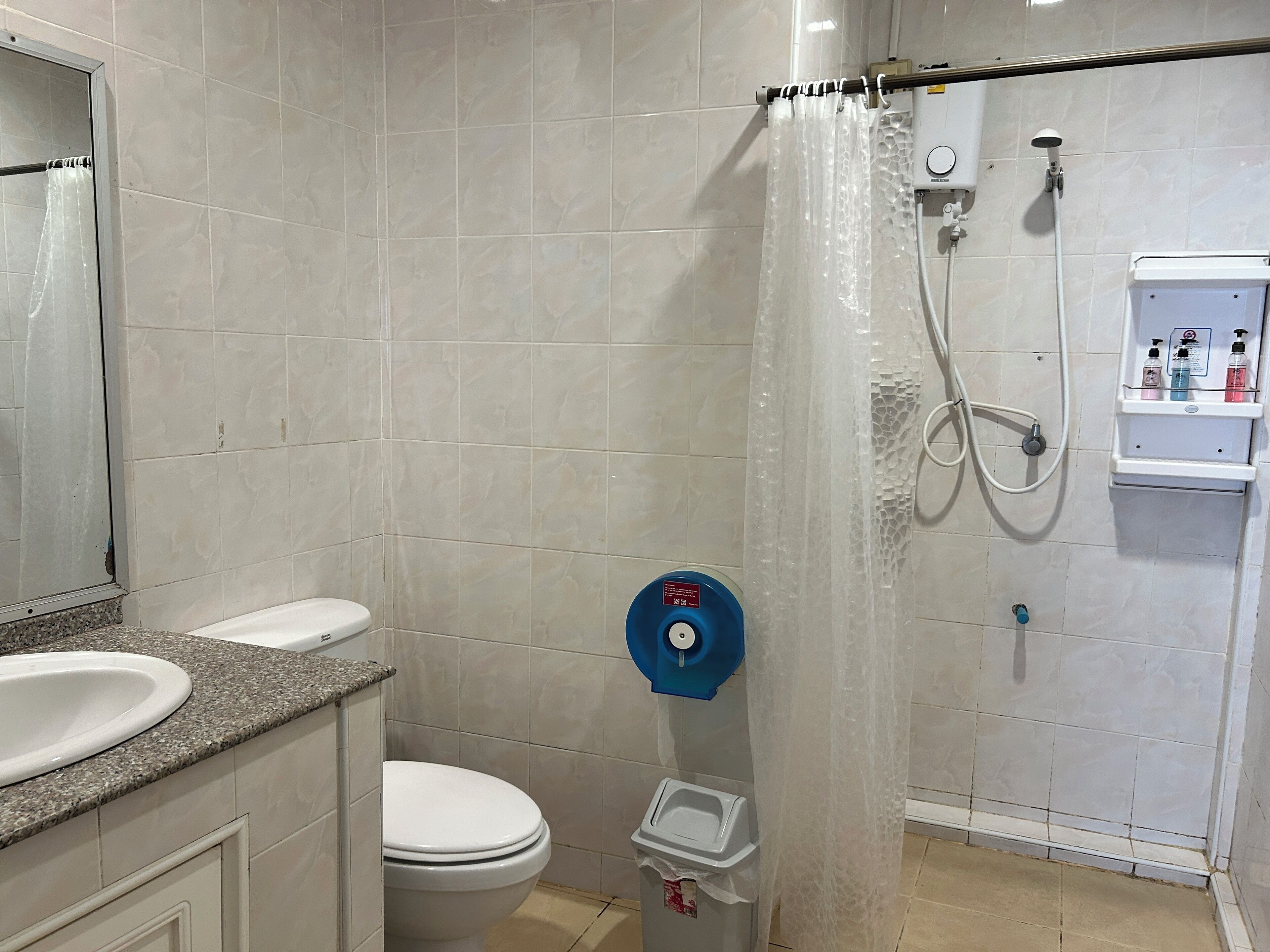 Een badkamer met toilet, douche met gordijn, wastafel en zeepdispenser.
