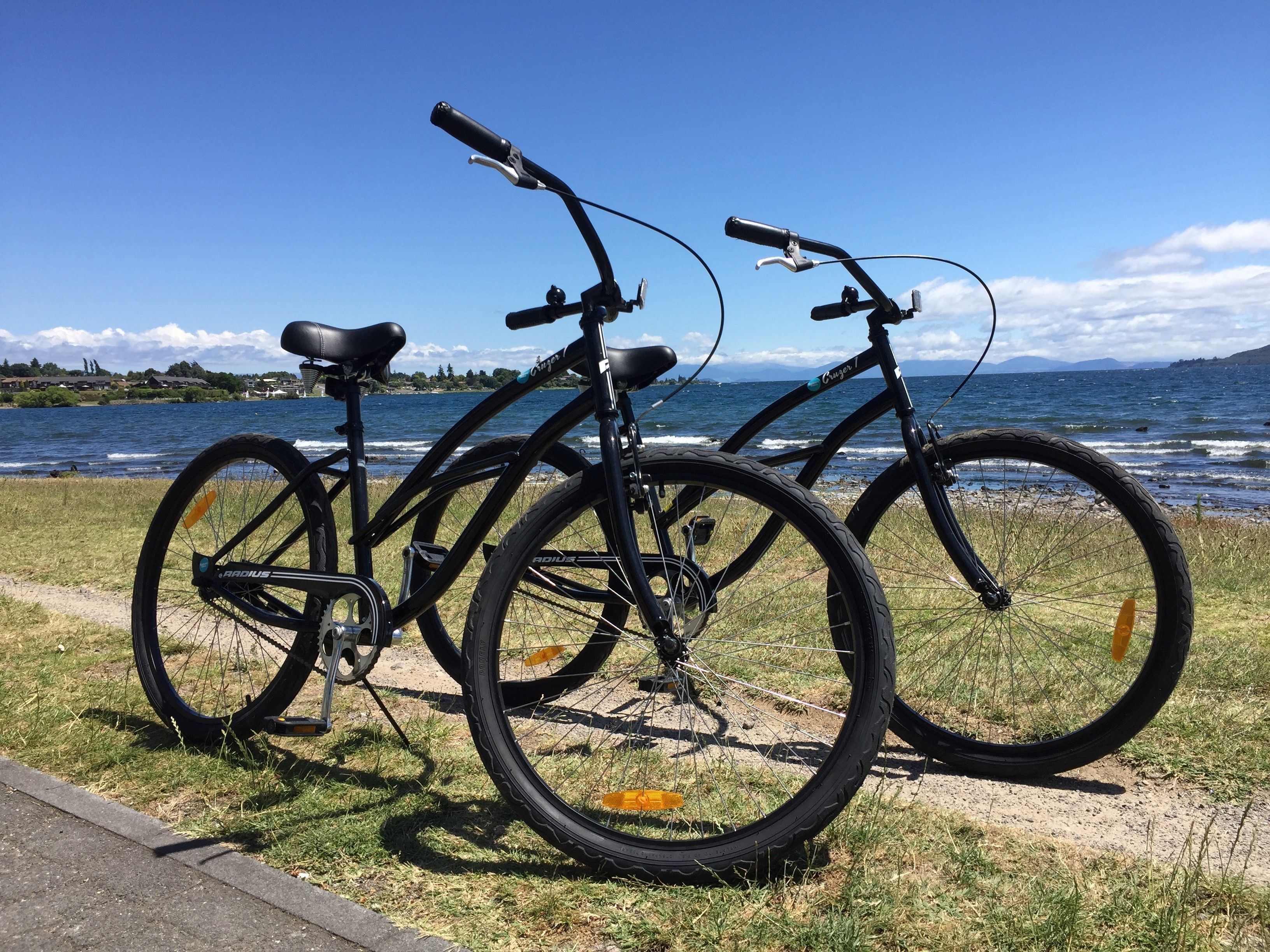 Two bicycles parked on a grassy area near a body of water.
