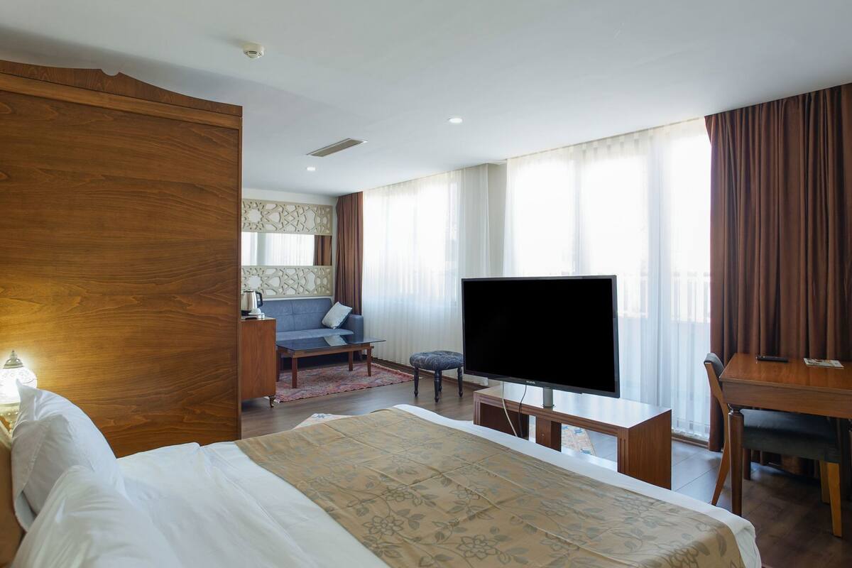 Une chambre d’hôtel équipée d’un lit, d’une télévision, d’un canapé, d’un bureau et d’une chaise.