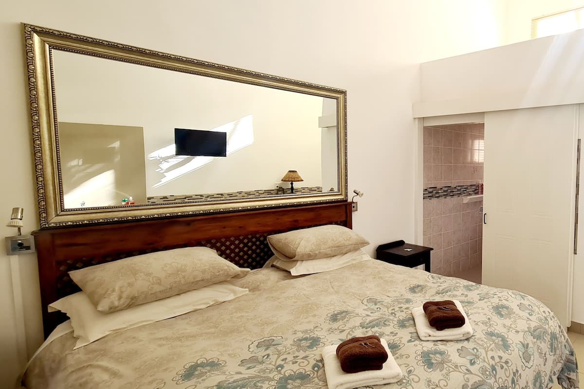 Een hotelkamer met een groot bed, een kledingkast, een bureau en een badkamer met douche en toilet.