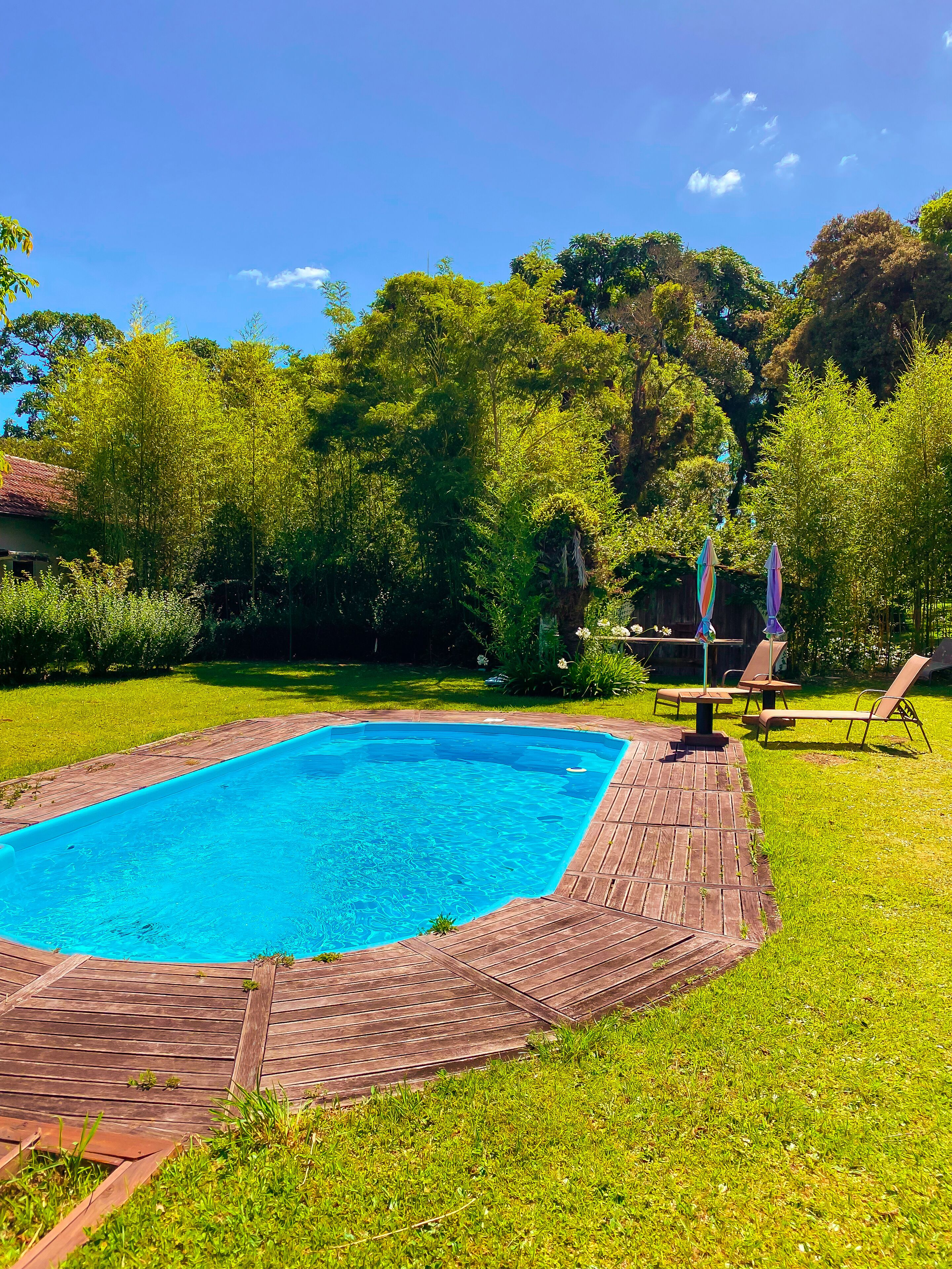 Udendørs pool, parasoller, liggestole