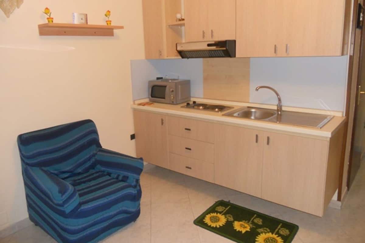 Cocina pequeña con microondas, lavamanos y armarios de madera. Hay una silla azul a rayas y un tapete con diseño de girasol en el suelo.