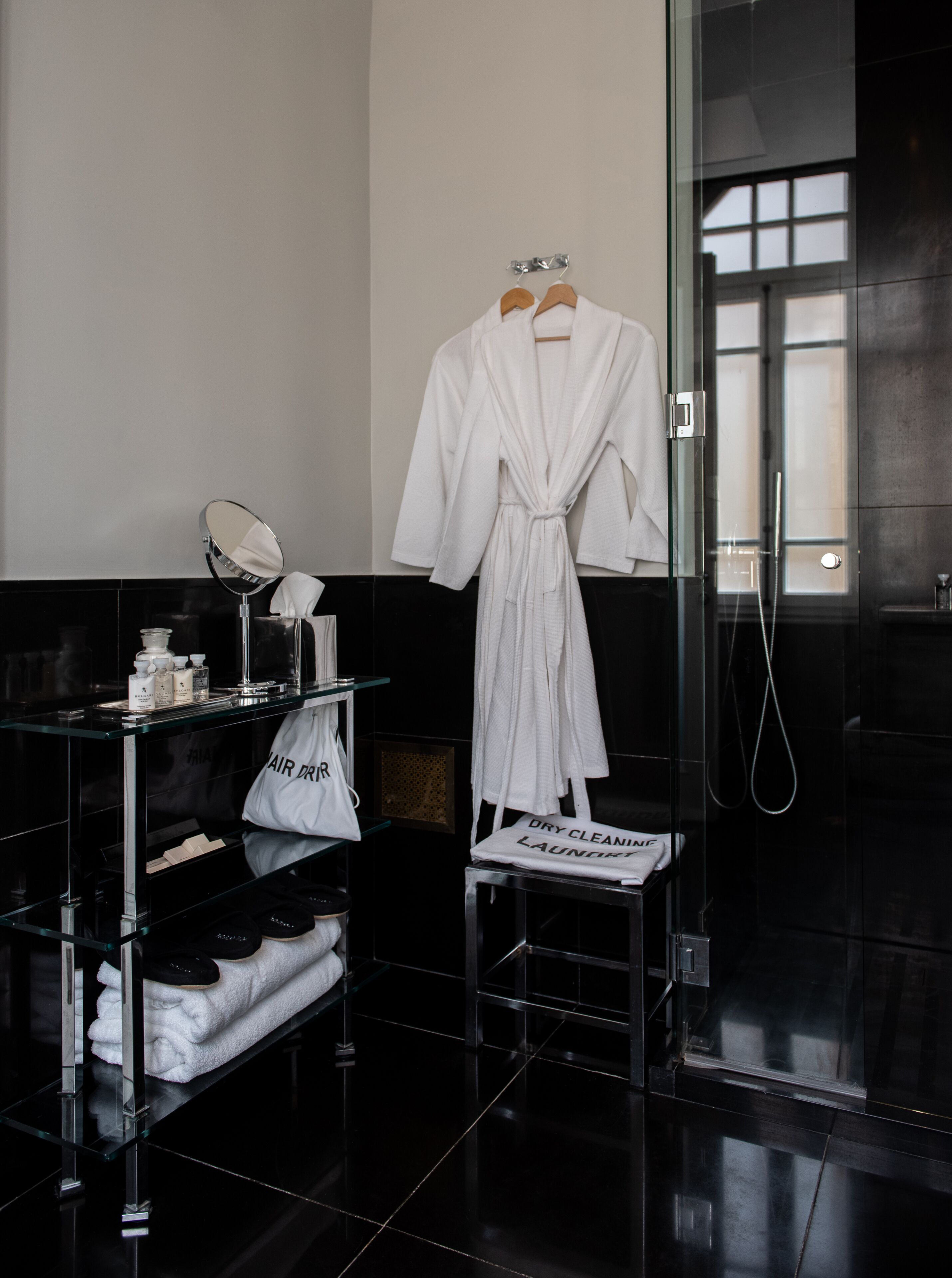 shower, designer toiletries, hair dryer, bathrobes
