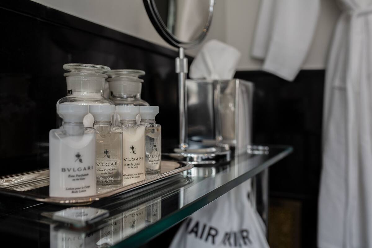 shower, designer toiletries, hair dryer, bathrobes