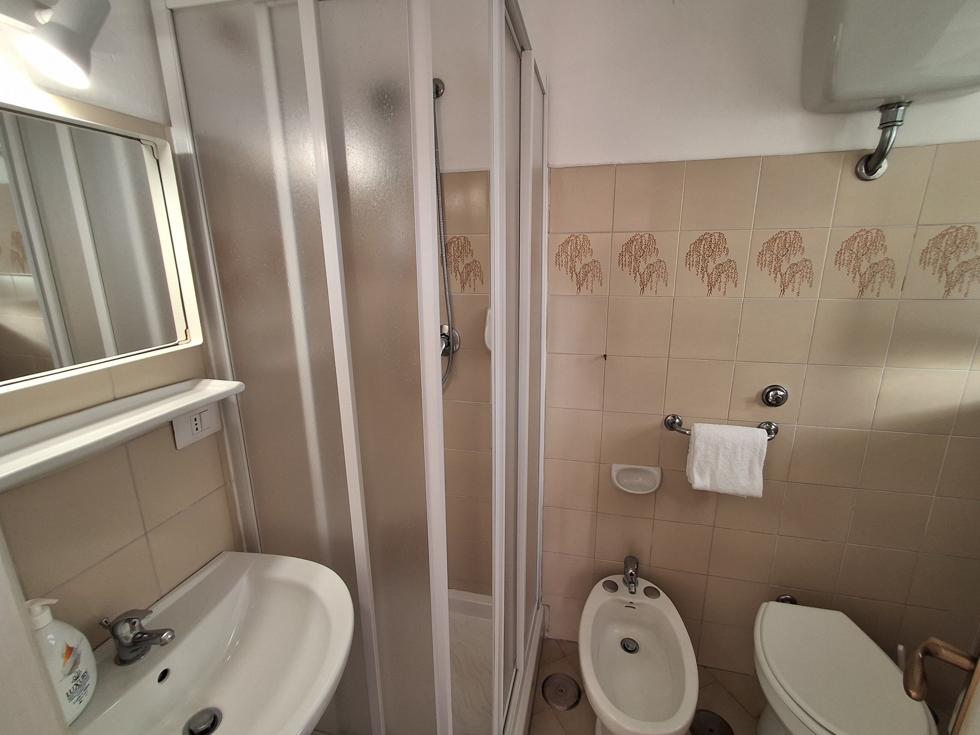 Un baño con ducha, lavabo, retrete y bidé.