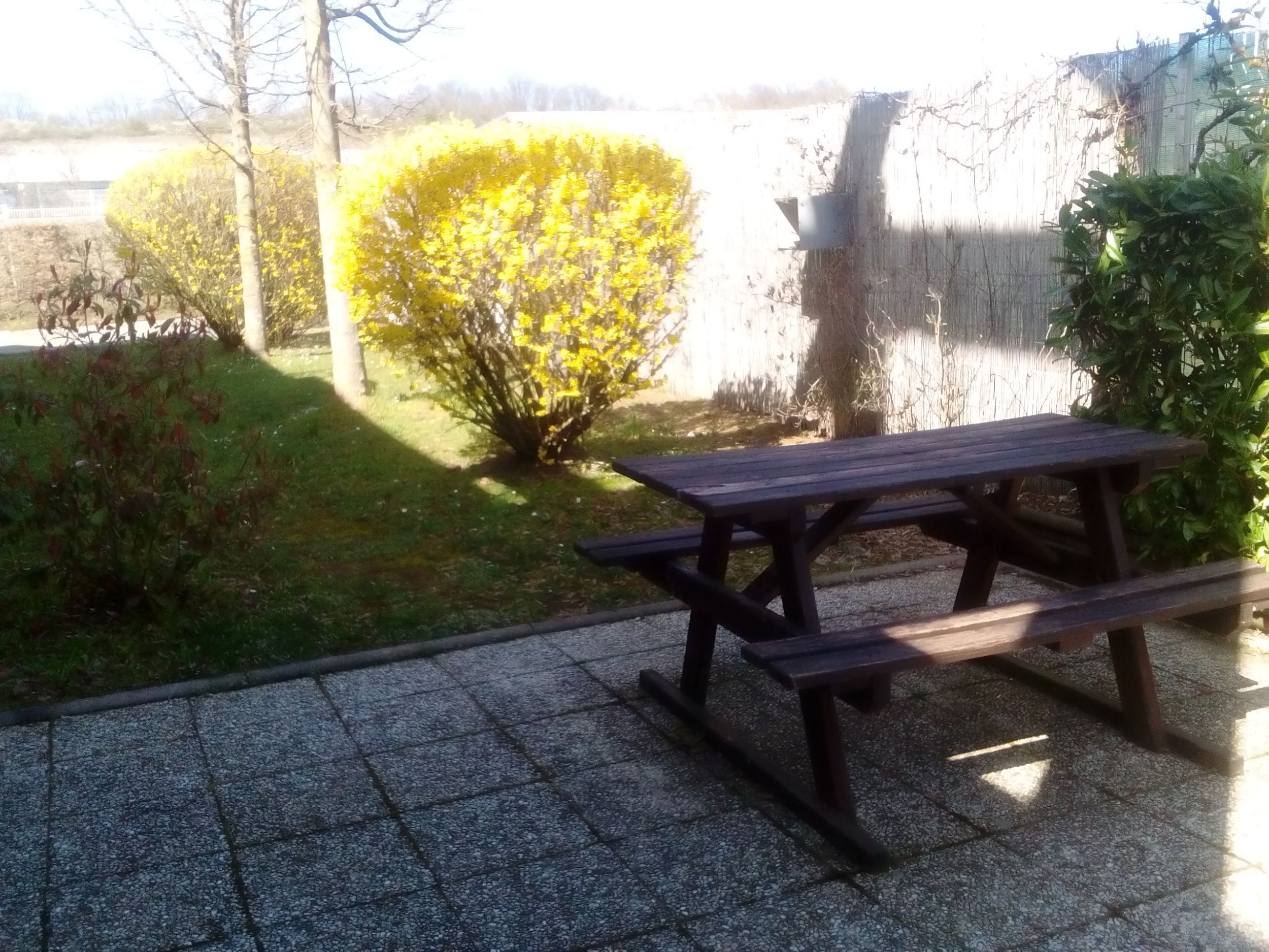 A picnic table in a garden area with a stone pathway.