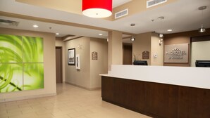 Un área de recepción de hotel con un mostrador de madera, una pared abstracta verde y un letrero que dice 'MICROTEL INN & SUITES BY WYNDHAM'.