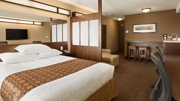 Una habitación de hotel con una cama grande, un escritorio y una zona de bar.