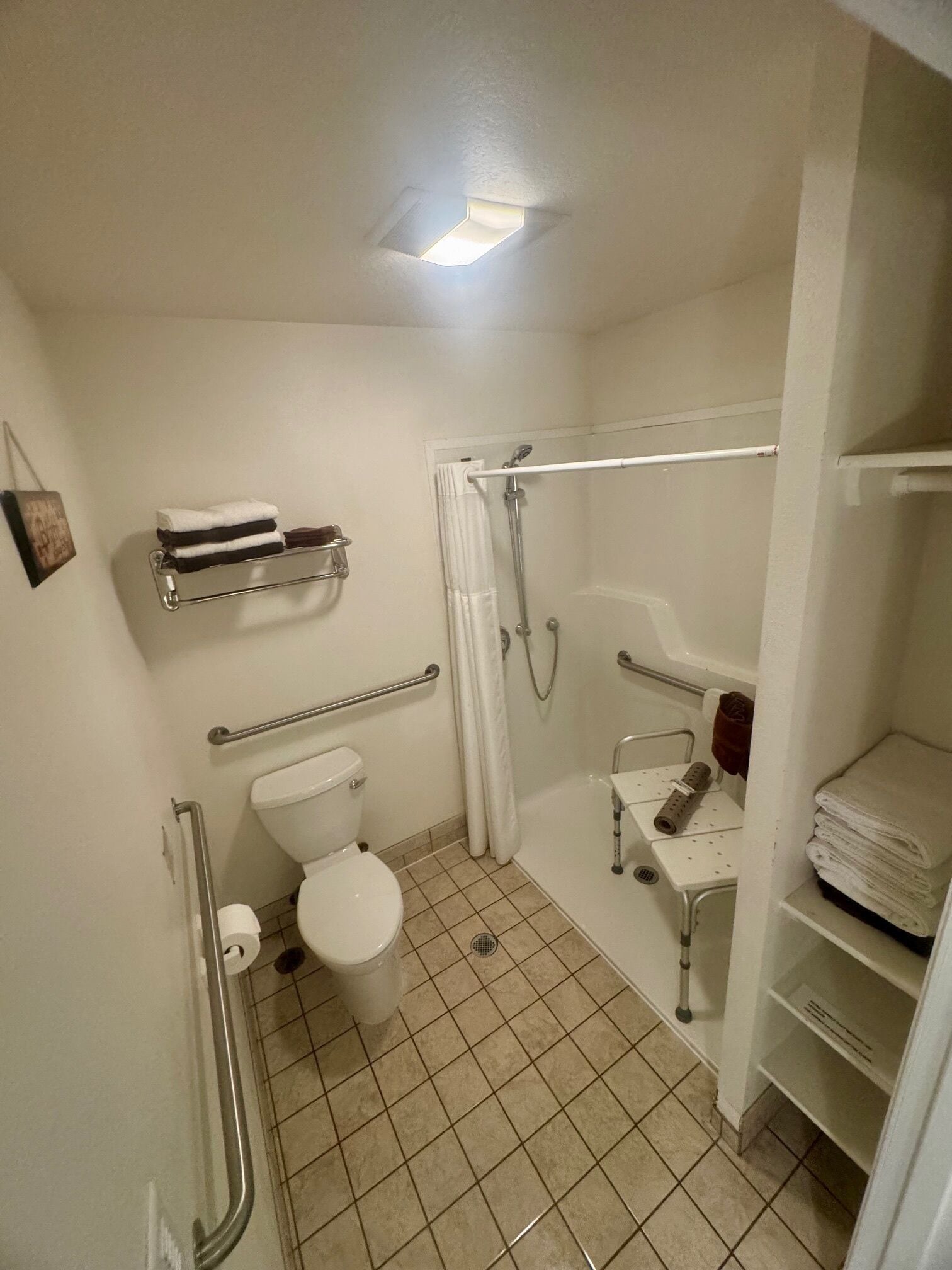 A small, accessible bathroom with a toilet, shower, and grab bars.