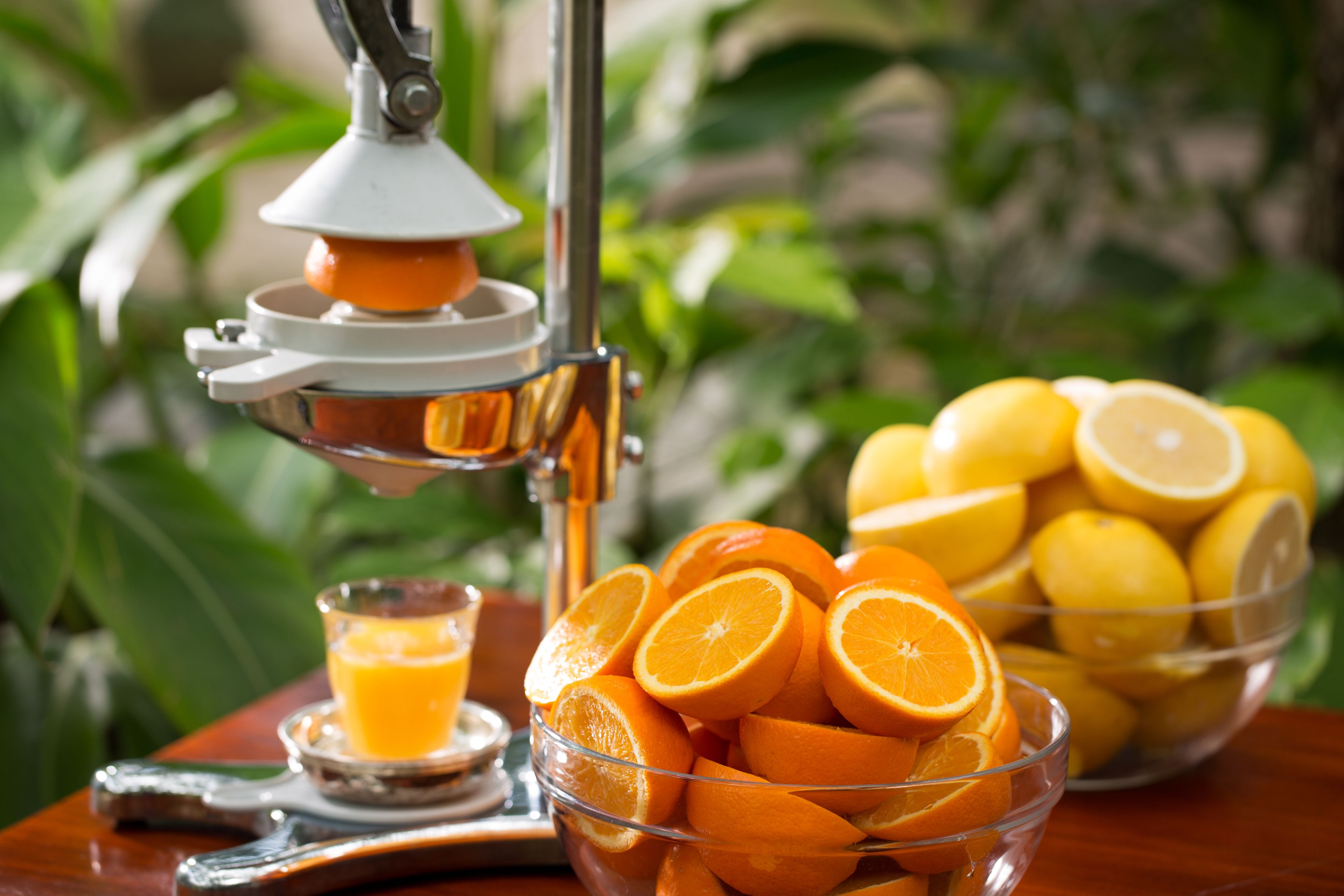 Un exprimidor con naranjas y limones, un vaso de jugo y un bol de naranjas en rodajas.