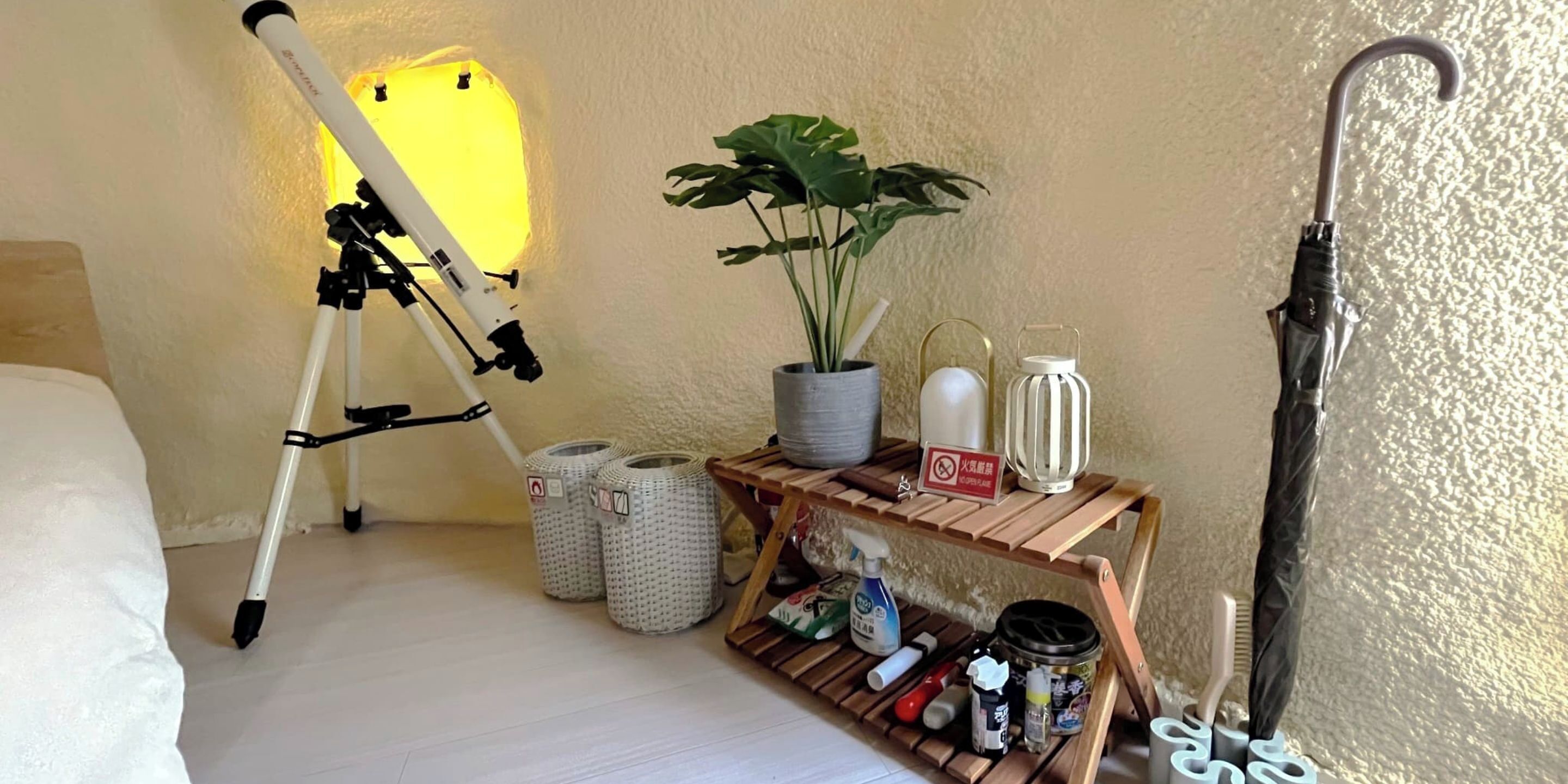 Ein Zimmer mit einem Teleskop, einer Topfpflanze, einem Regal mit verschiedenen Gegenständen und einem Gehstock.