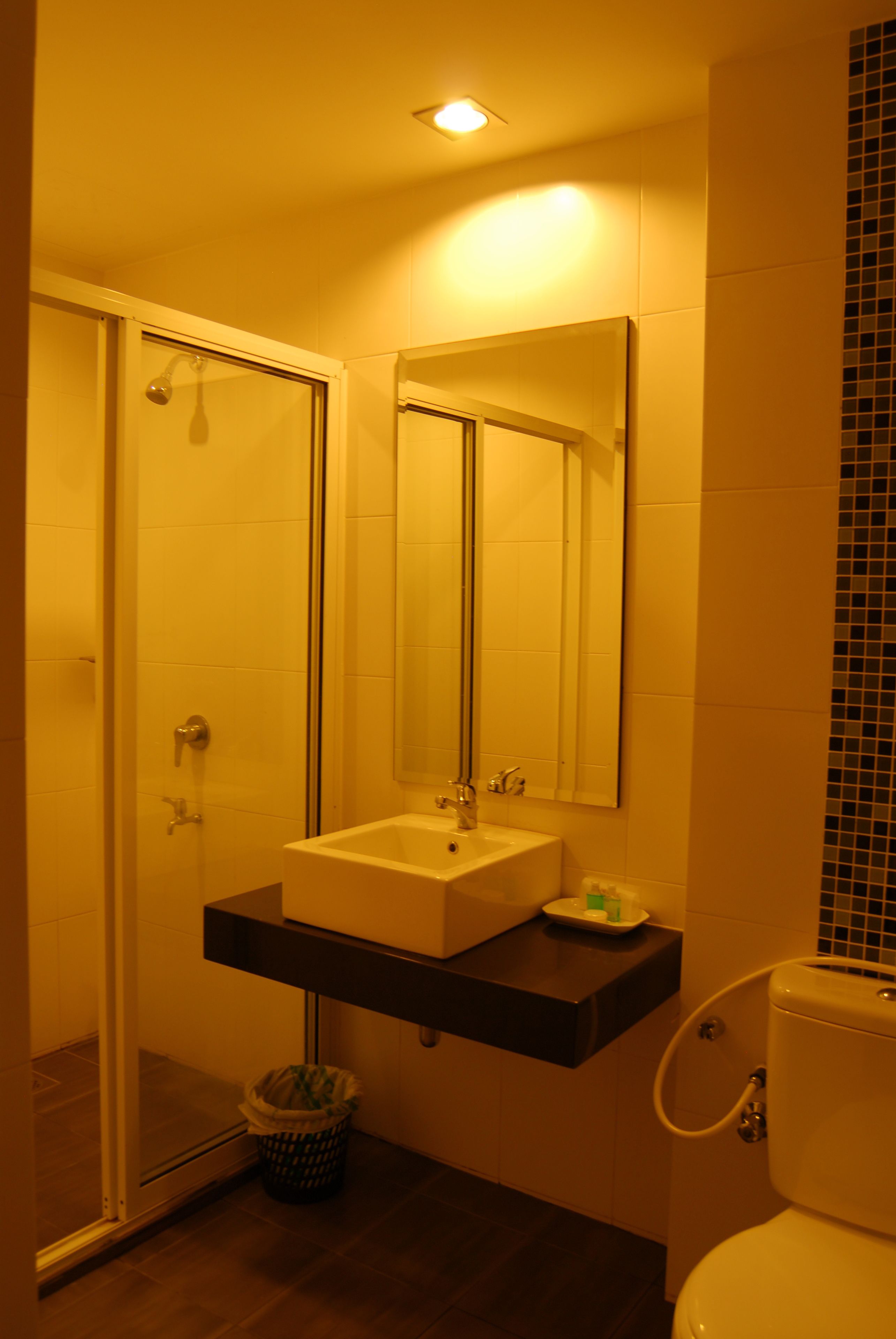 A bathroom with a glass shower door, a sink with a mirror above it, and a toilet.