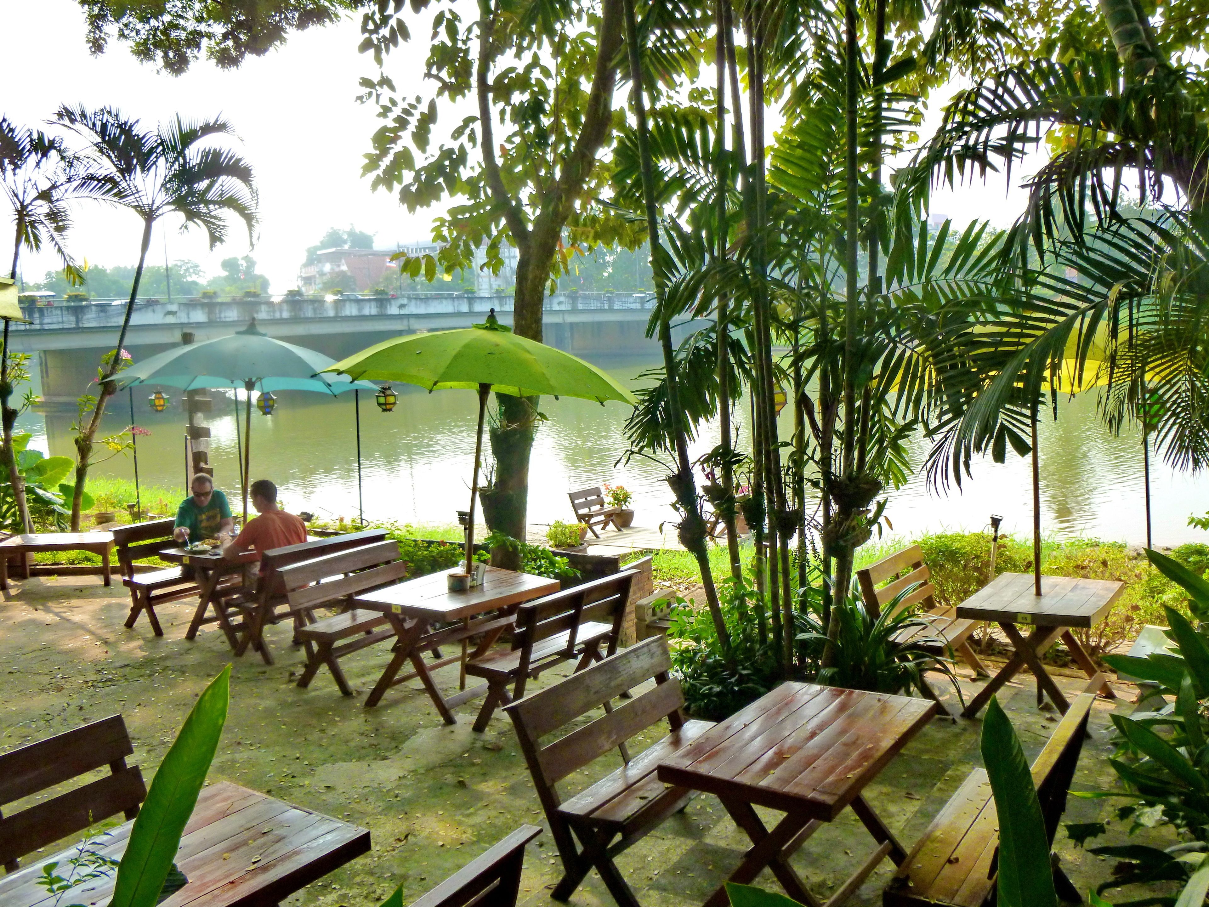 Un espace extérieur aménagé avec des tables et des bancs en bois, entouré d’une végétation luxuriante et offrant une vue sur une rivière.