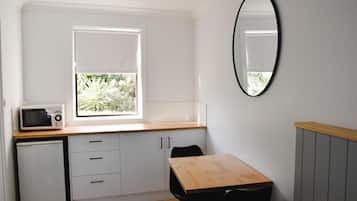 Fridge, microwave, coffee/tea maker, electric kettle